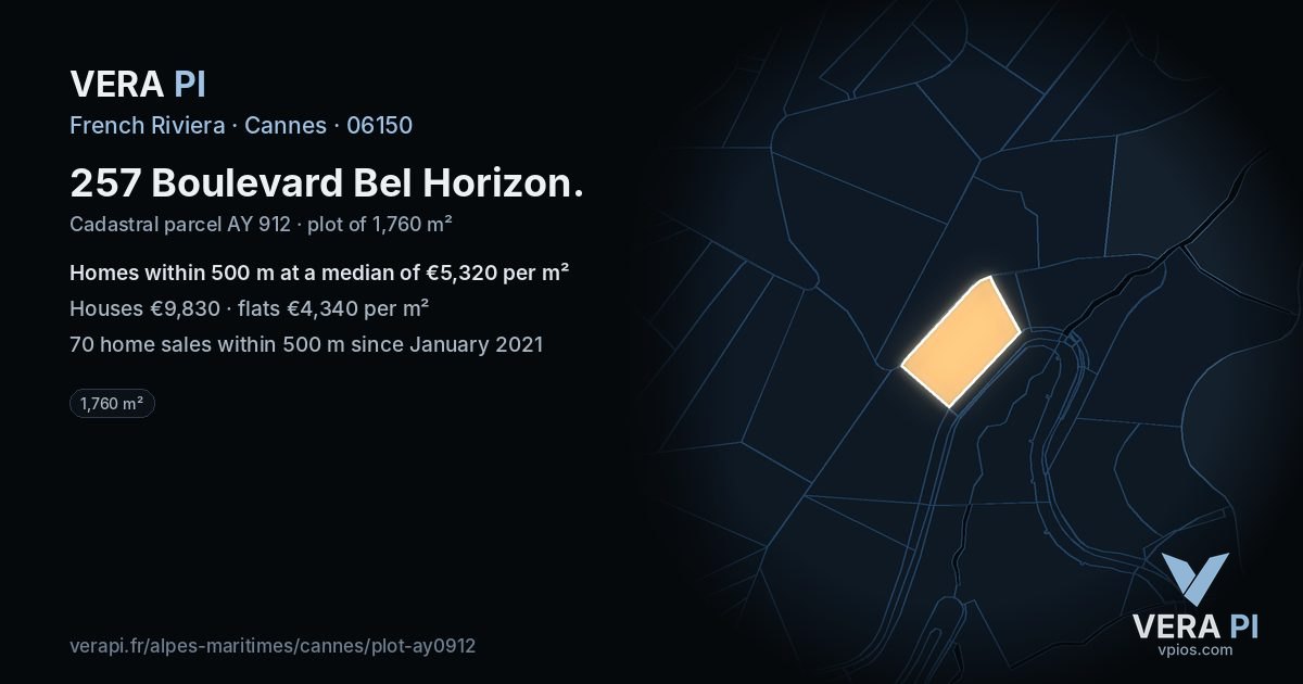 257 Boulevard Bel Horizon, Cannes at night – the plot lit, the parcels around coloured by the prices near them