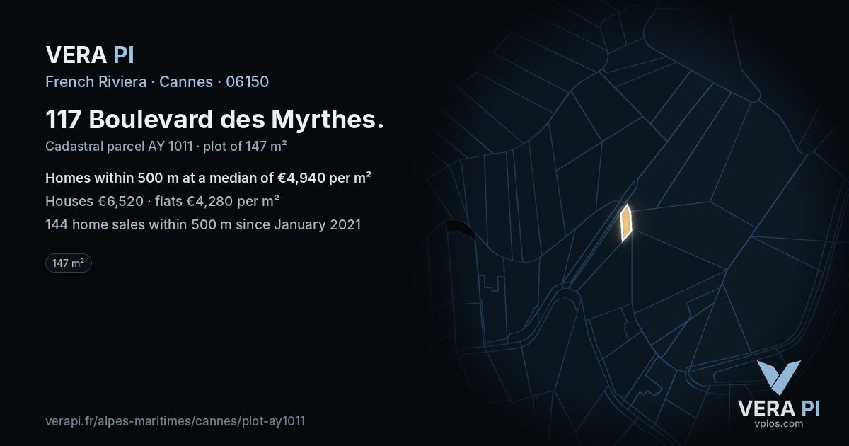 117 Boulevard des Myrthes, Cannes at night – the plot lit, the parcels around coloured by the prices near them