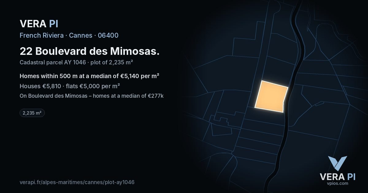 22 Boulevard des Mimosas, Cannes at night – the plot lit, the parcels around coloured by the prices near them