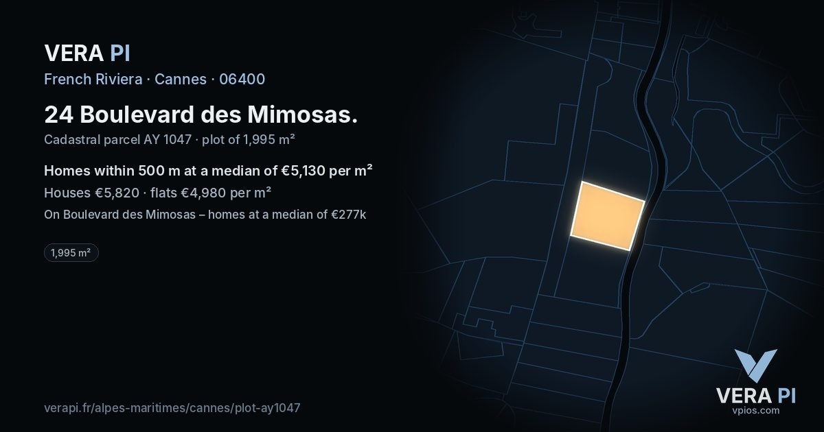 24 Boulevard des Mimosas, Cannes at night – the plot lit, the parcels around coloured by the prices near them