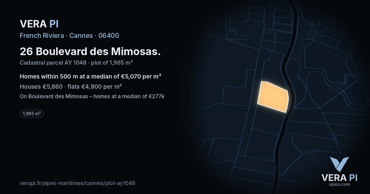 26 Boulevard des Mimosas, Cannes at night – the plot lit, the parcels around coloured by the prices near them