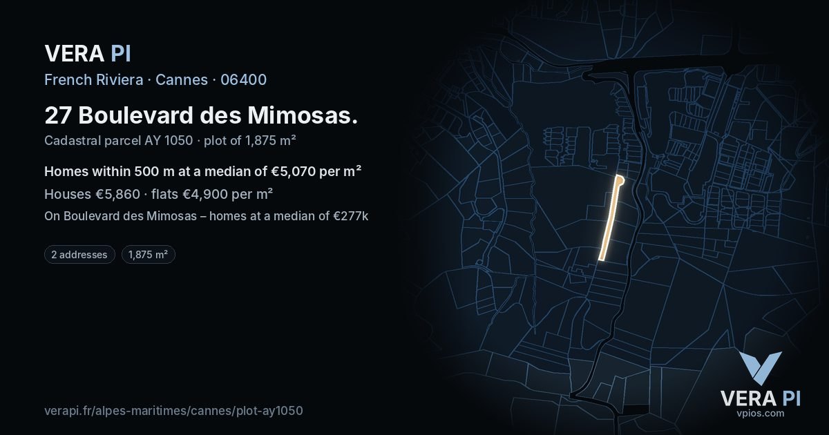 27 Boulevard des Mimosas, Cannes at night – the plot lit, the parcels around coloured by the prices near them