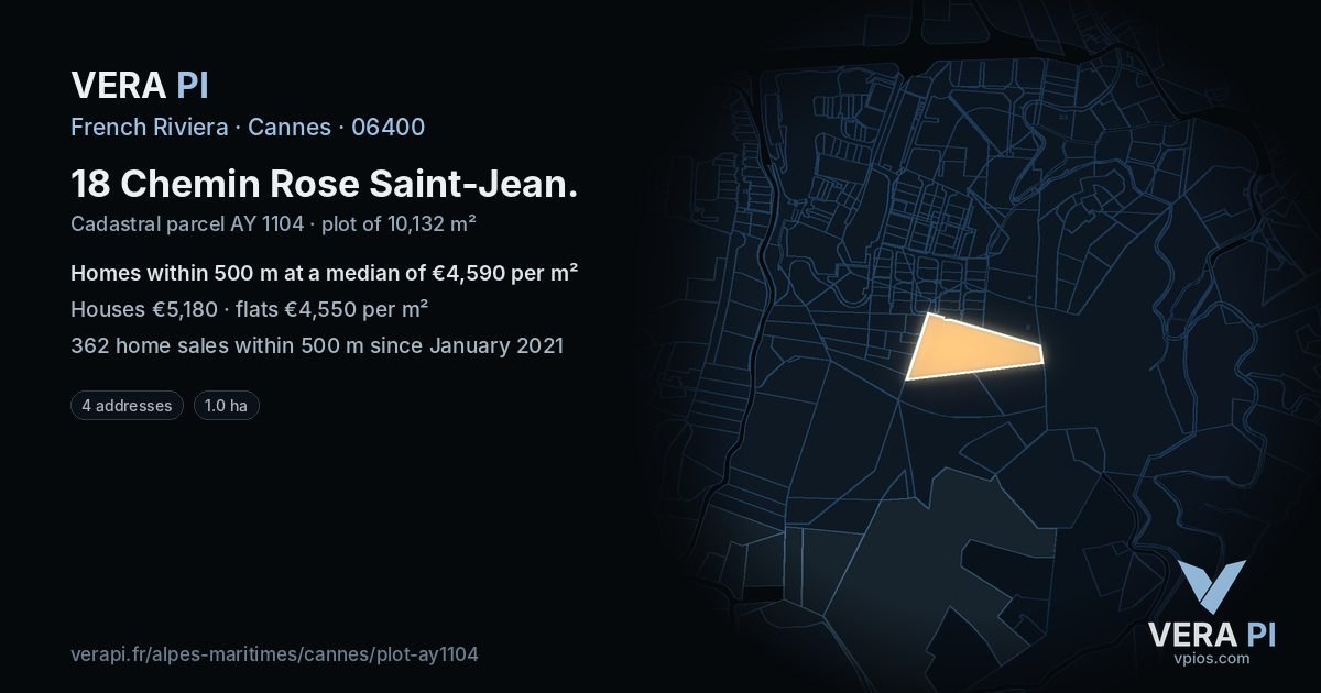 18 Chemin Rose Saint-Jean, Cannes at night – the plot lit, the parcels around coloured by the prices near them