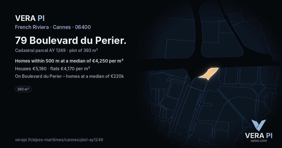79 Boulevard du Perier, Cannes at night – the plot lit, the parcels around coloured by the prices near them