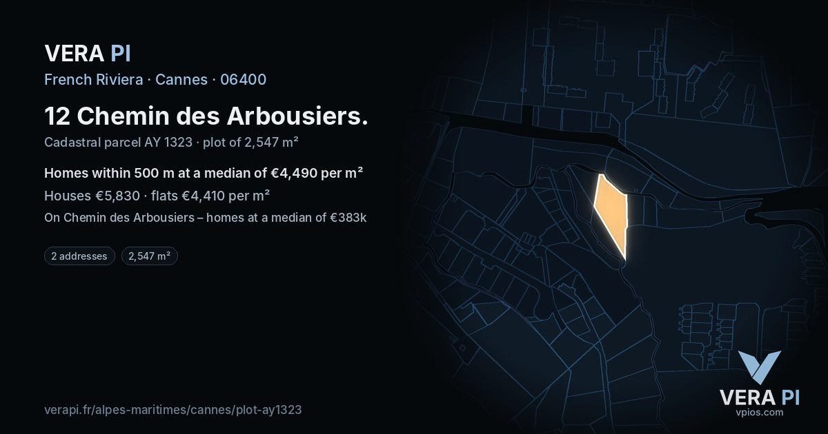 12 Chemin des Arbousiers, Cannes at night – the plot lit, the parcels around coloured by the prices near them