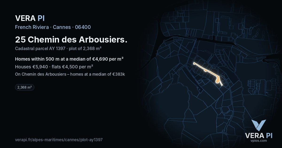 25 Chemin des Arbousiers, Cannes at night – the plot lit, the parcels around coloured by the prices near them