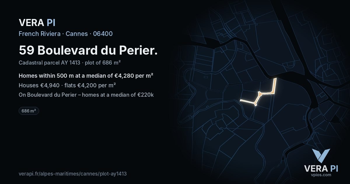 59 Boulevard du Perier, Cannes at night – the plot lit, the parcels around coloured by the prices near them
