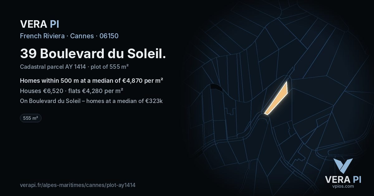 39 Boulevard du Soleil, Cannes at night – the plot lit, the parcels around coloured by the prices near them