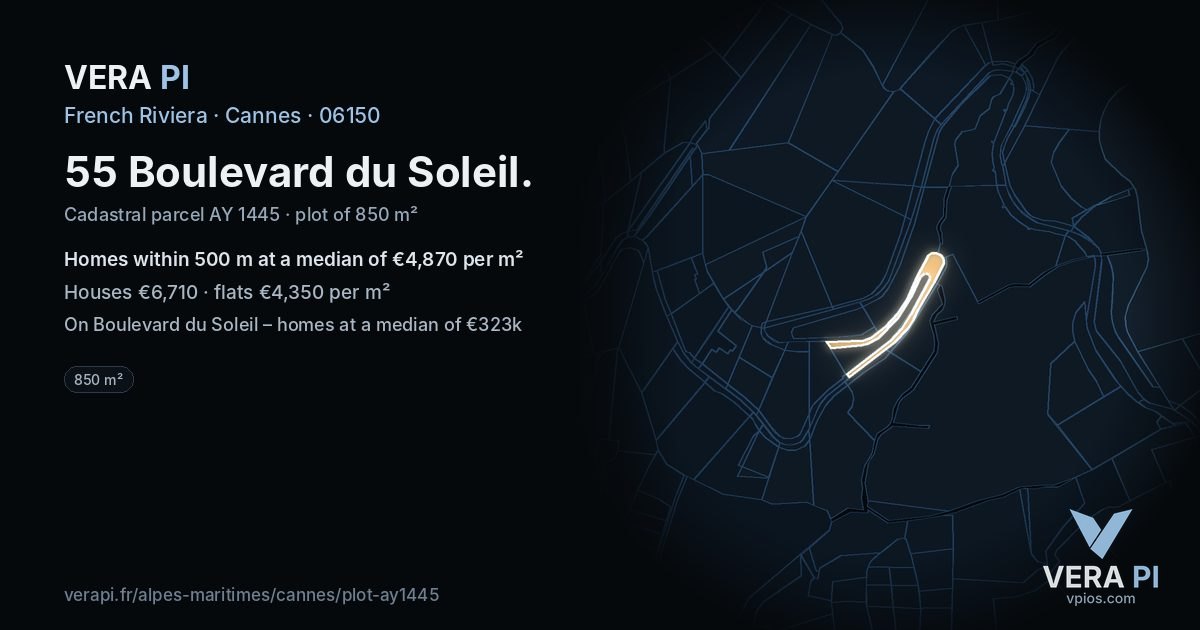 55 Boulevard du Soleil, Cannes at night – the plot lit, the parcels around coloured by the prices near them
