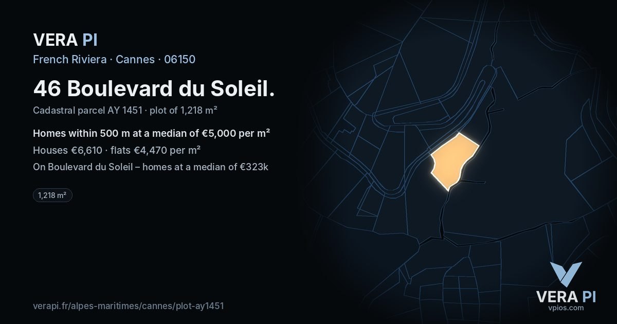 46 Boulevard du Soleil, Cannes at night – the plot lit, the parcels around coloured by the prices near them