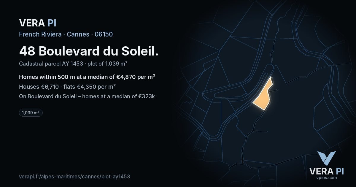 48 Boulevard du Soleil, Cannes at night – the plot lit, the parcels around coloured by the prices near them