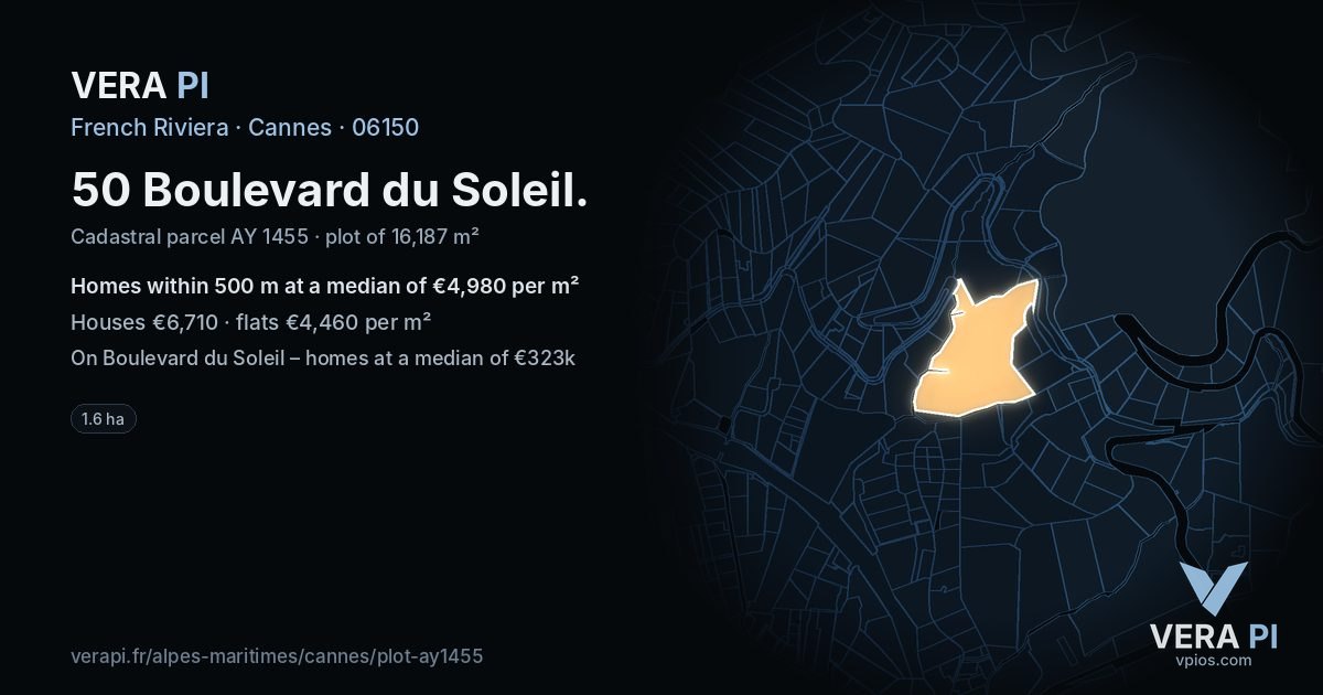 50 Boulevard du Soleil, Cannes at night – the plot lit, the parcels around coloured by the prices near them