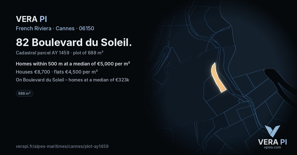 82 Boulevard du Soleil, Cannes at night – the plot lit, the parcels around coloured by the prices near them