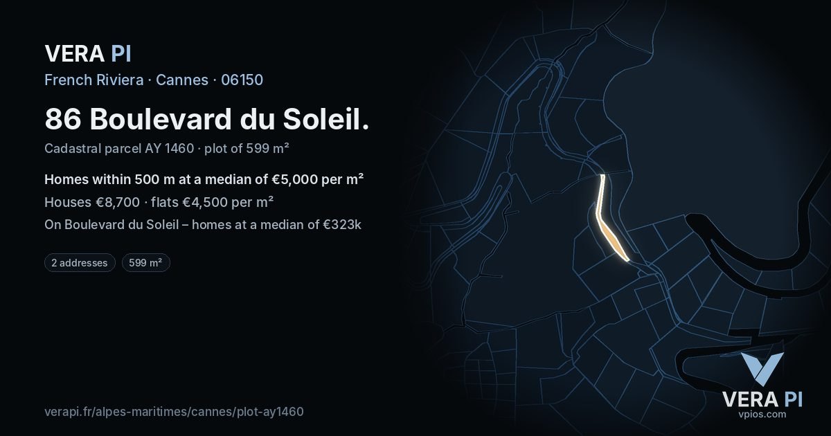 86 Boulevard du Soleil, Cannes at night – the plot lit, the parcels around coloured by the prices near them