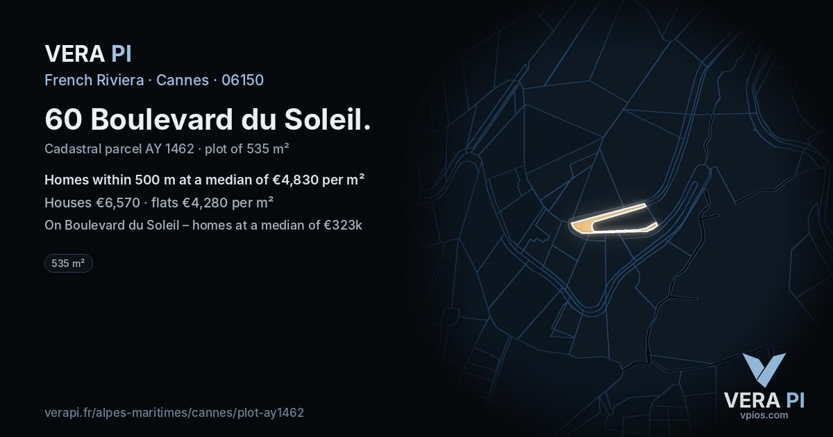 60 Boulevard du Soleil, Cannes at night – the plot lit, the parcels around coloured by the prices near them