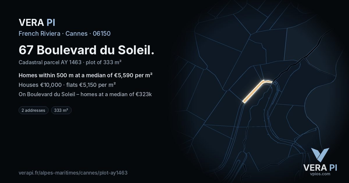 67 Boulevard du Soleil, Cannes at night – the plot lit, the parcels around coloured by the prices near them