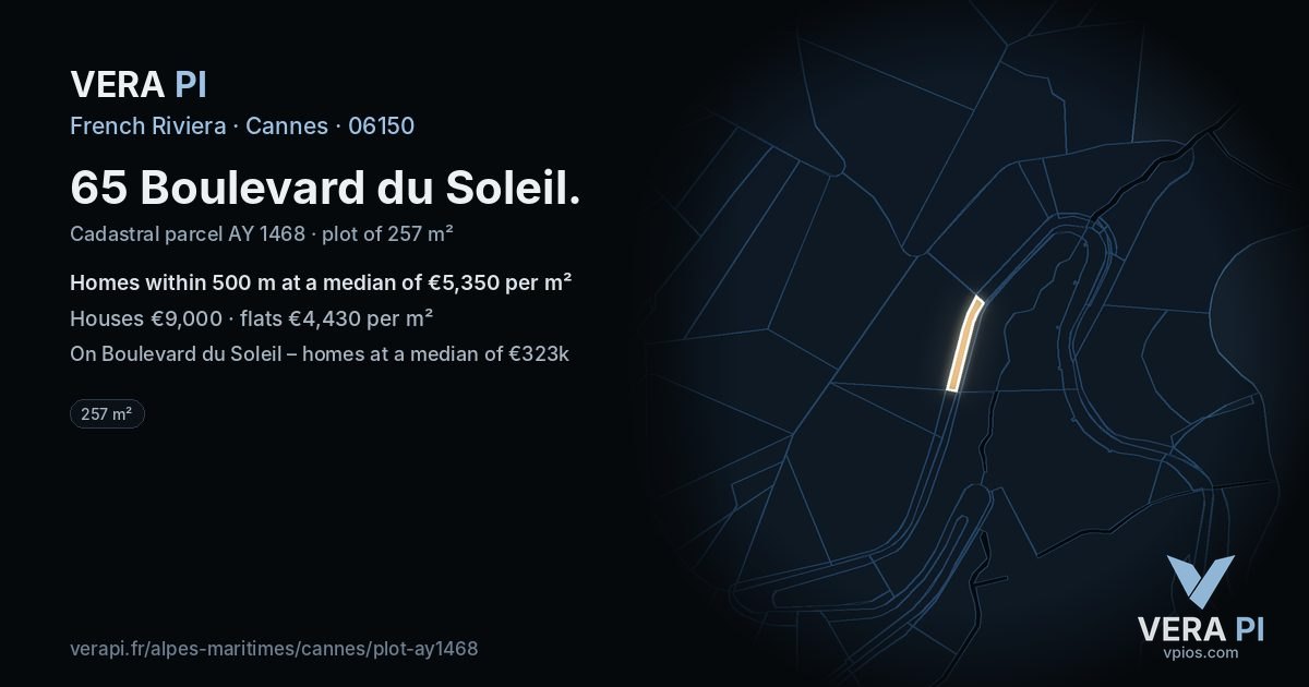 65 Boulevard du Soleil, Cannes at night – the plot lit, the parcels around coloured by the prices near them