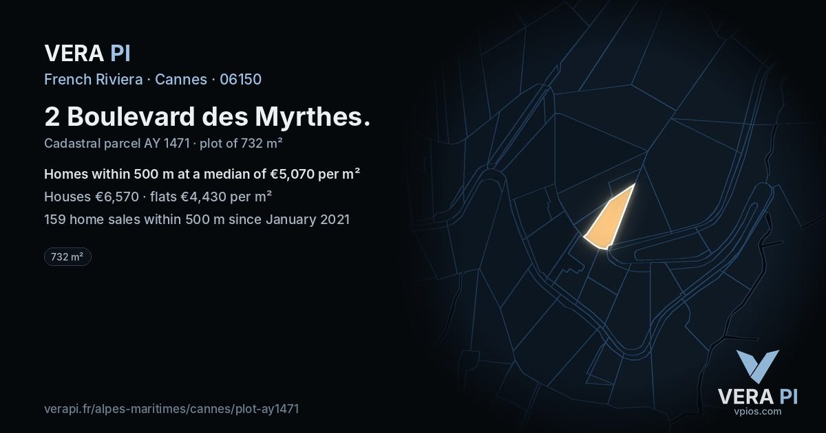 2 Boulevard des Myrthes, Cannes at night – the plot lit, the parcels around coloured by the prices near them