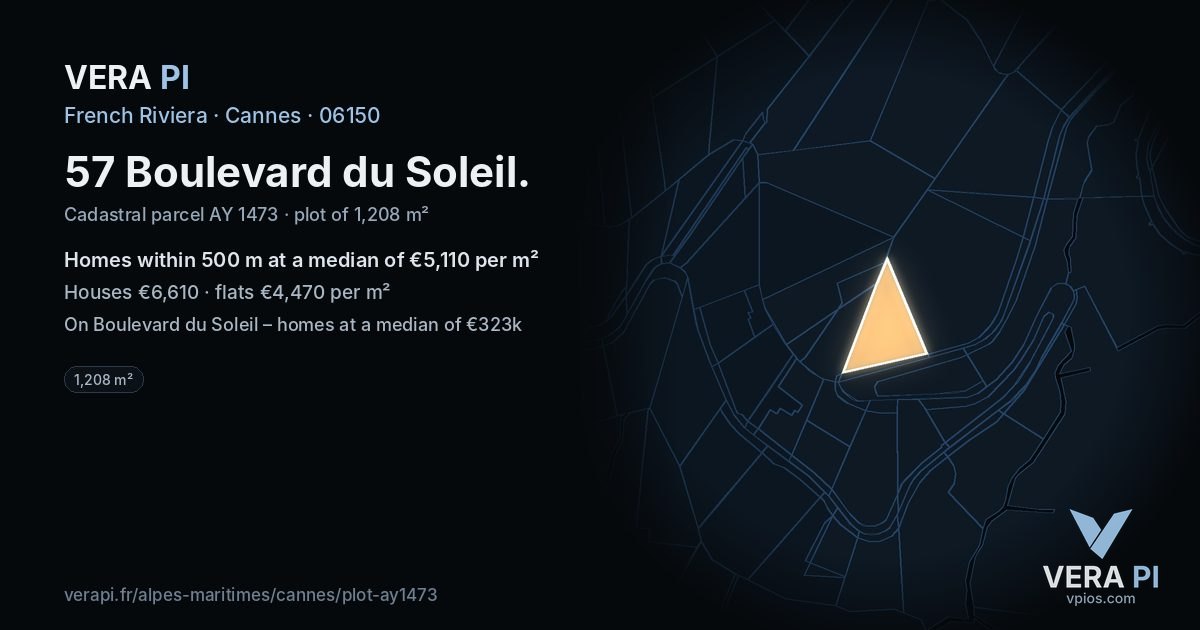 57 Boulevard du Soleil, Cannes at night – the plot lit, the parcels around coloured by the prices near them