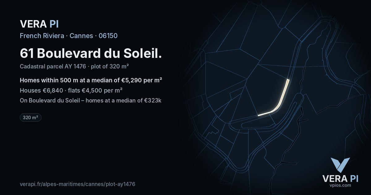61 Boulevard du Soleil, Cannes at night – the plot lit, the parcels around coloured by the prices near them