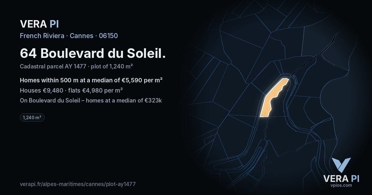 64 Boulevard du Soleil, Cannes at night – the plot lit, the parcels around coloured by the prices near them