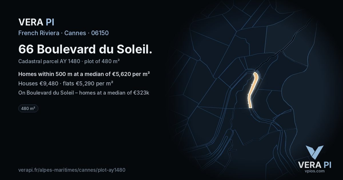 66 Boulevard du Soleil, Cannes at night – the plot lit, the parcels around coloured by the prices near them