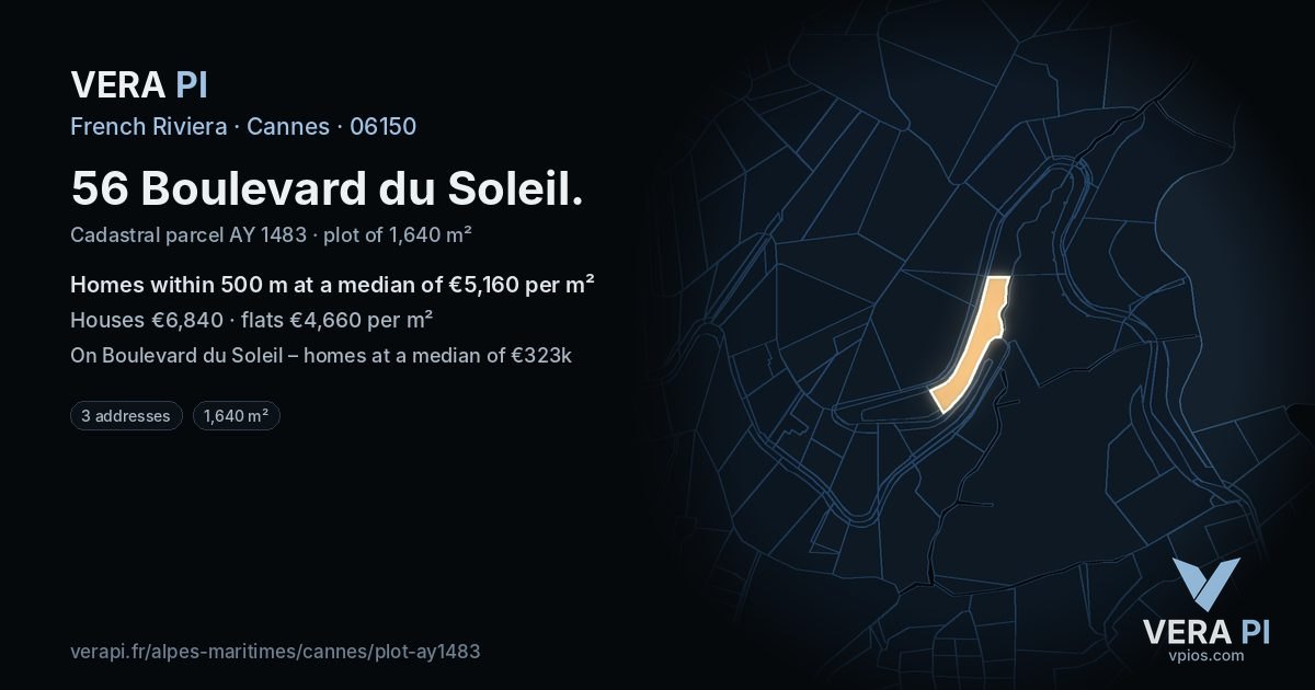 56 Boulevard du Soleil, Cannes at night – the plot lit, the parcels around coloured by the prices near them
