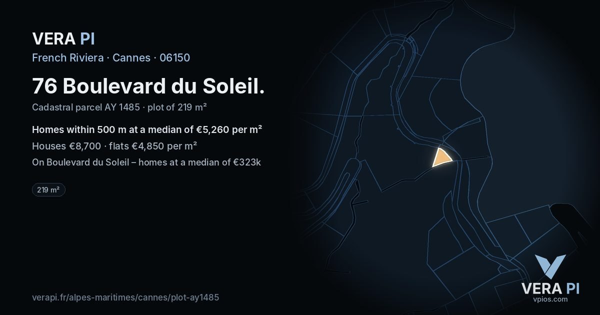 76 Boulevard du Soleil, Cannes at night – the plot lit, the parcels around coloured by the prices near them
