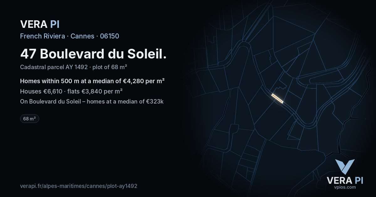 47 Boulevard du Soleil, Cannes at night – the plot lit, the parcels around coloured by the prices near them