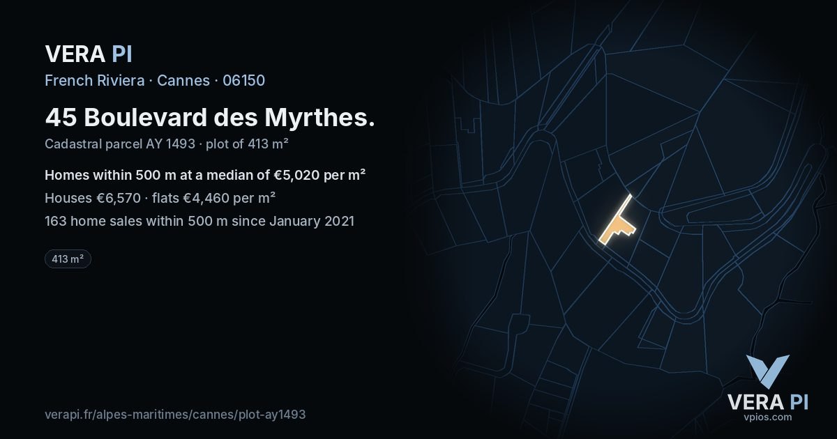 45 Boulevard des Myrthes, Cannes at night – the plot lit, the parcels around coloured by the prices near them