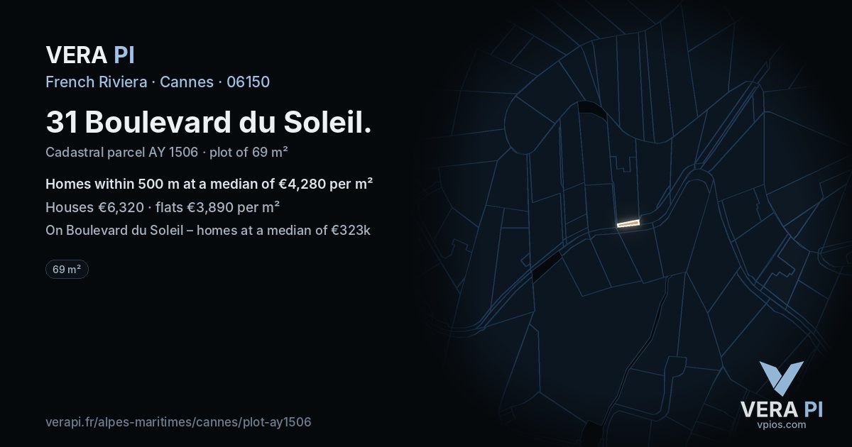31 Boulevard du Soleil, Cannes at night – the plot lit, the parcels around coloured by the prices near them