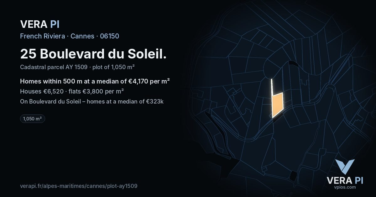 25 Boulevard du Soleil, Cannes at night – the plot lit, the parcels around coloured by the prices near them