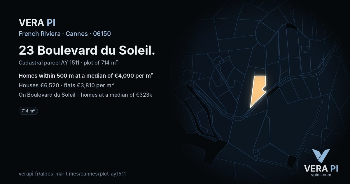 23 Boulevard du Soleil, Cannes at night – the plot lit, the parcels around coloured by the prices near them