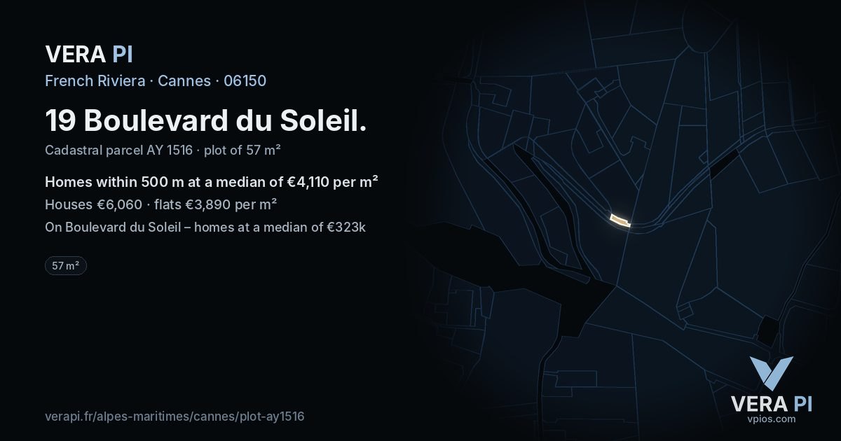 19 Boulevard du Soleil, Cannes at night – the plot lit, the parcels around coloured by the prices near them