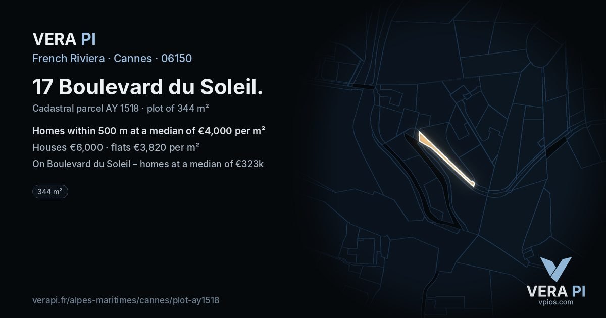 17 Boulevard du Soleil, Cannes at night – the plot lit, the parcels around coloured by the prices near them