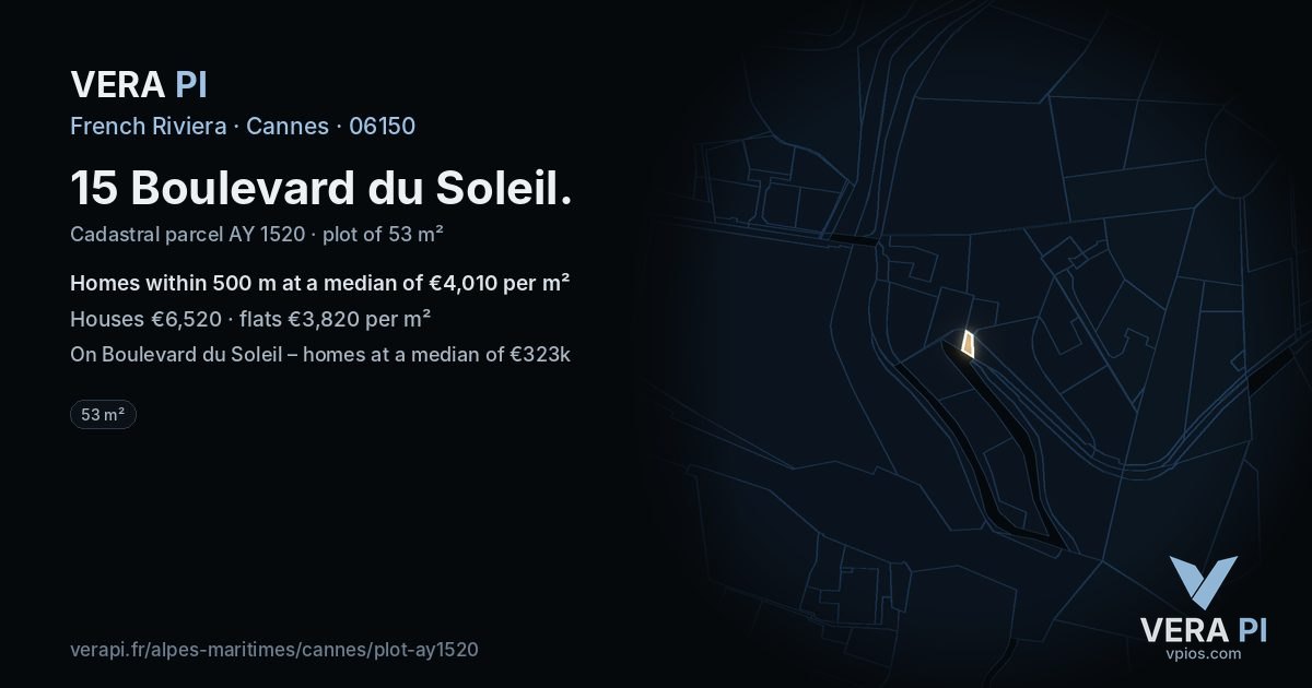15 Boulevard du Soleil, Cannes at night – the plot lit, the parcels around coloured by the prices near them