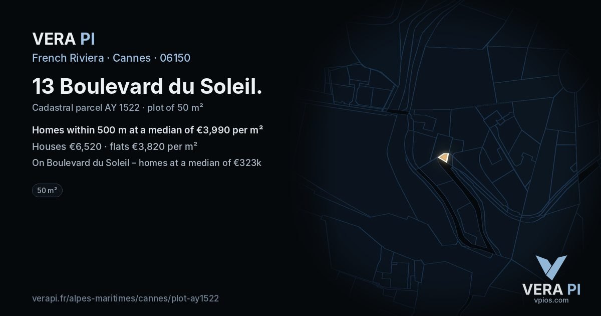 13 Boulevard du Soleil, Cannes at night – the plot lit, the parcels around coloured by the prices near them