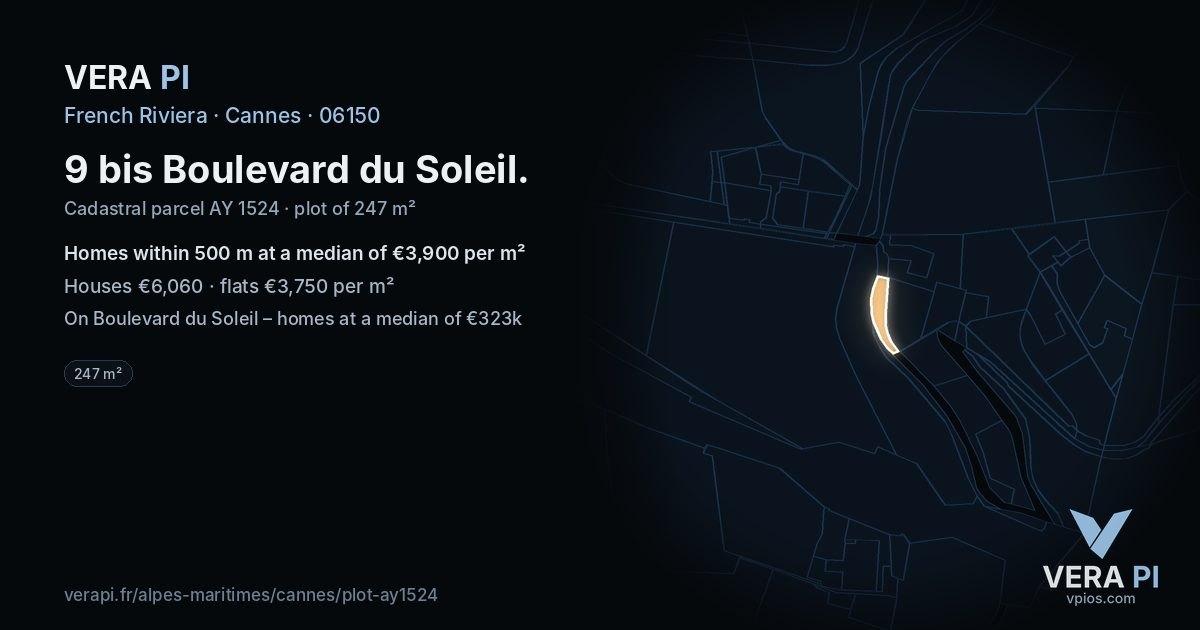 9 bis Boulevard du Soleil, Cannes at night – the plot lit, the parcels around coloured by the prices near them