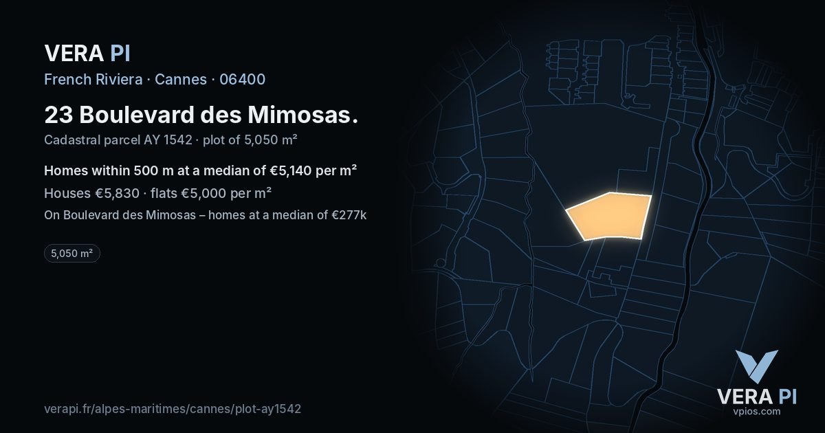 23 Boulevard des Mimosas, Cannes at night – the plot lit, the parcels around coloured by the prices near them