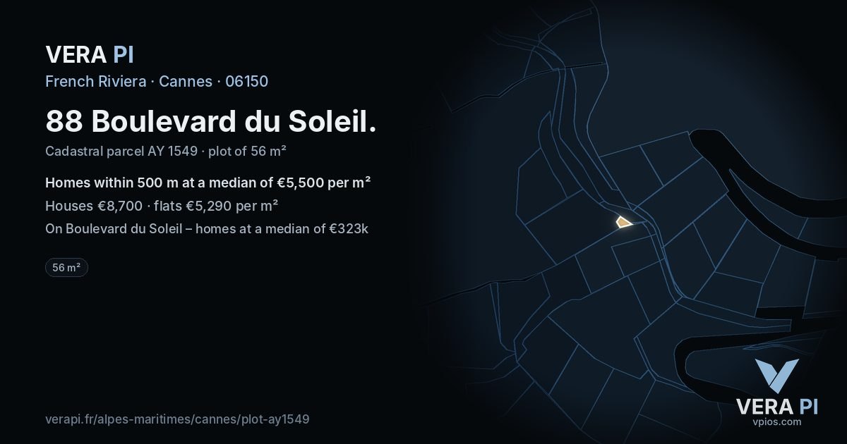 88 Boulevard du Soleil, Cannes at night – the plot lit, the parcels around coloured by the prices near them
