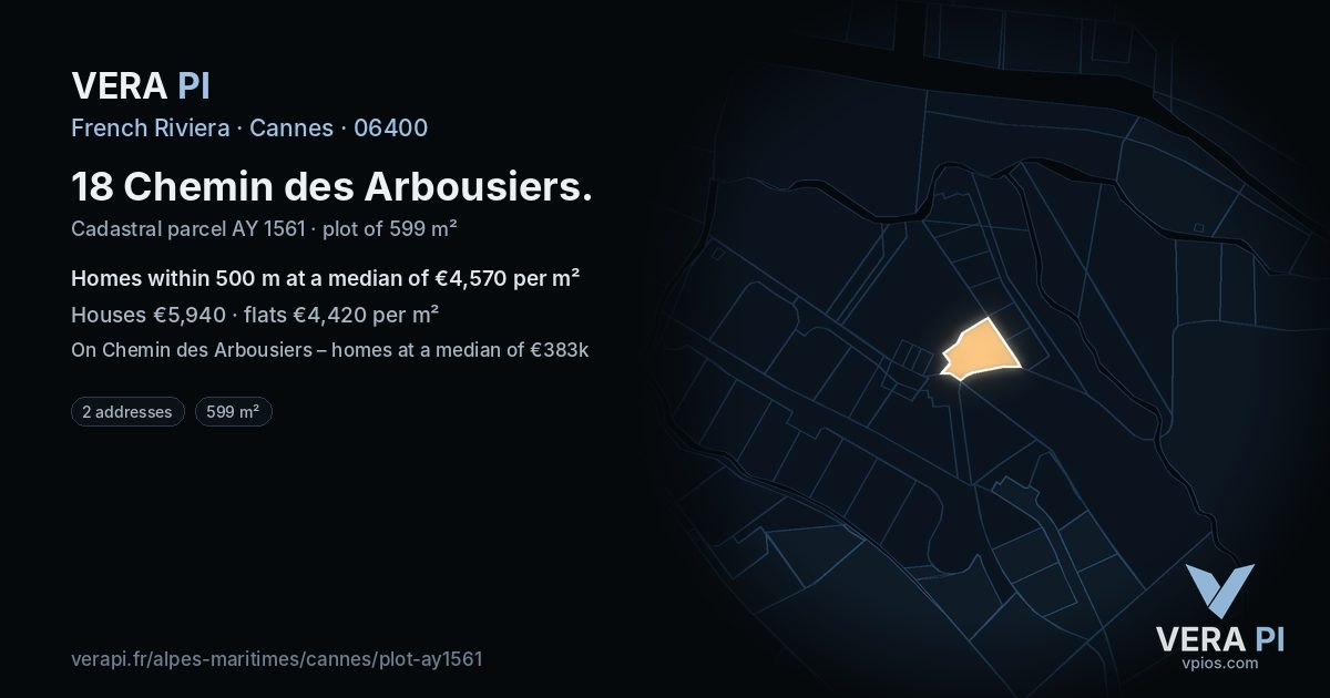 18 Chemin des Arbousiers, Cannes at night – the plot lit, the parcels around coloured by the prices near them