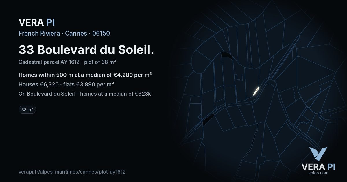 33 Boulevard du Soleil, Cannes at night – the plot lit, the parcels around coloured by the prices near them