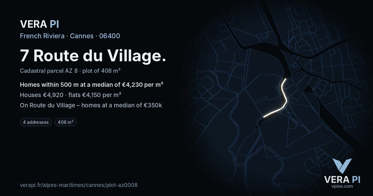 7 Route du Village, Cannes at night – the plot lit, the parcels around coloured by the prices near them