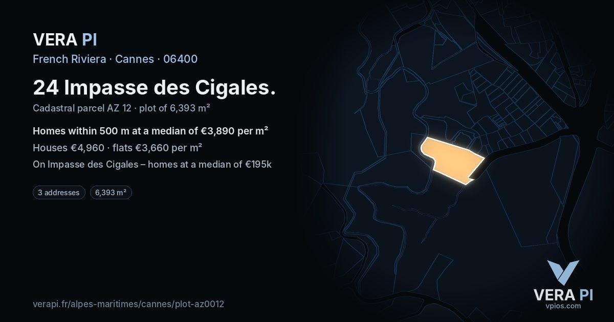24 Impasse des Cigales, Cannes at night – the plot lit, the parcels around coloured by the prices near them