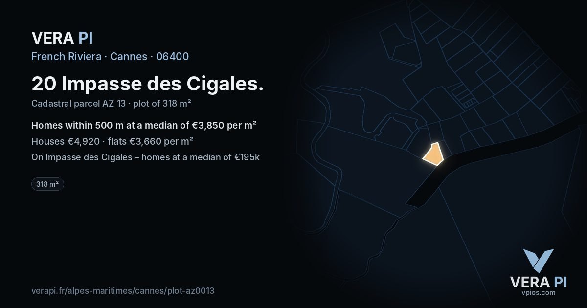 20 Impasse des Cigales, Cannes at night – the plot lit, the parcels around coloured by the prices near them