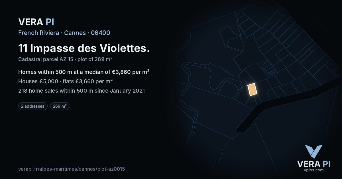 11 Impasse des Violettes, Cannes at night – the plot lit, the parcels around coloured by the prices near them