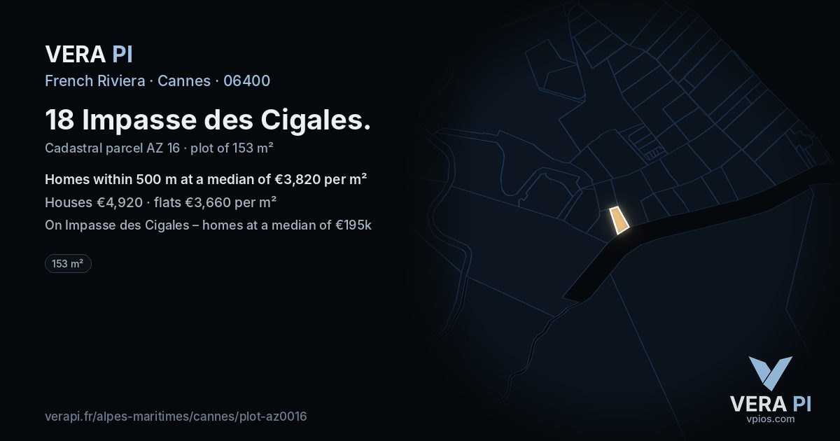 18 Impasse des Cigales, Cannes at night – the plot lit, the parcels around coloured by the prices near them