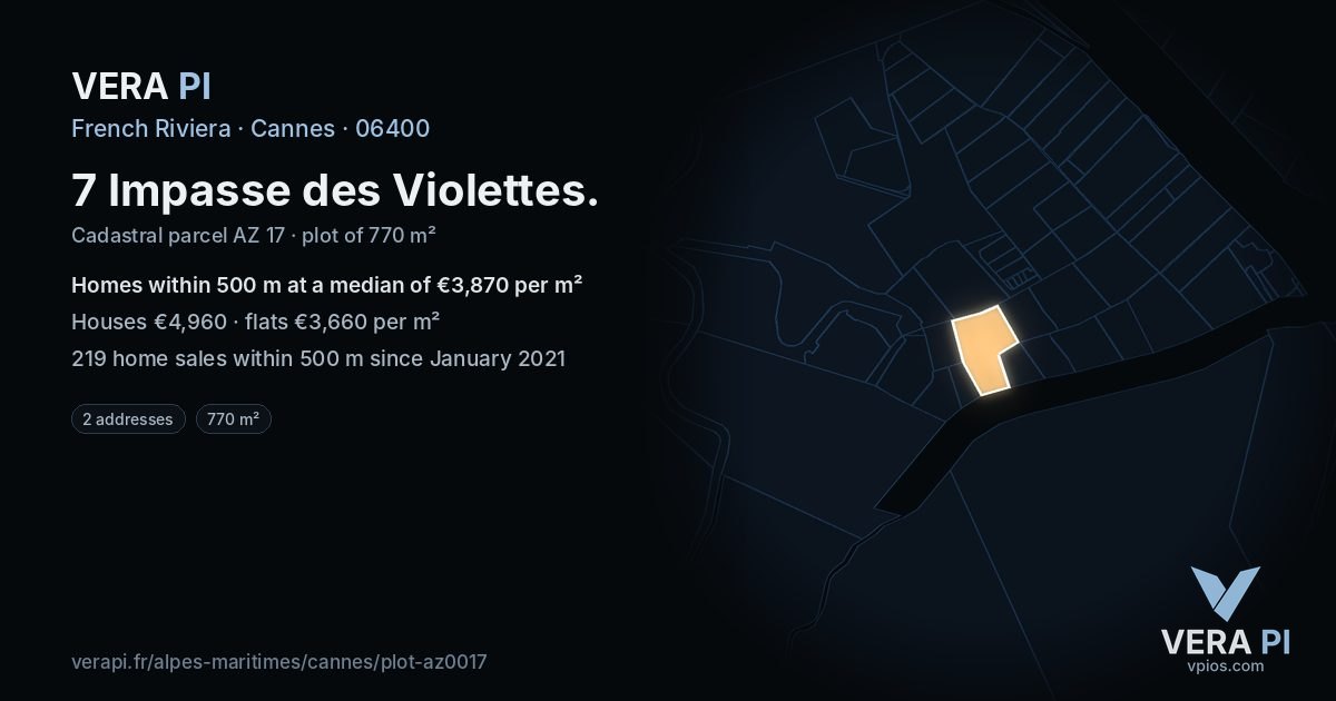 7 Impasse des Violettes, Cannes at night – the plot lit, the parcels around coloured by the prices near them
