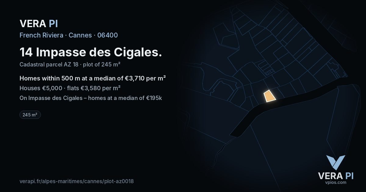 14 Impasse des Cigales, Cannes at night – the plot lit, the parcels around coloured by the prices near them