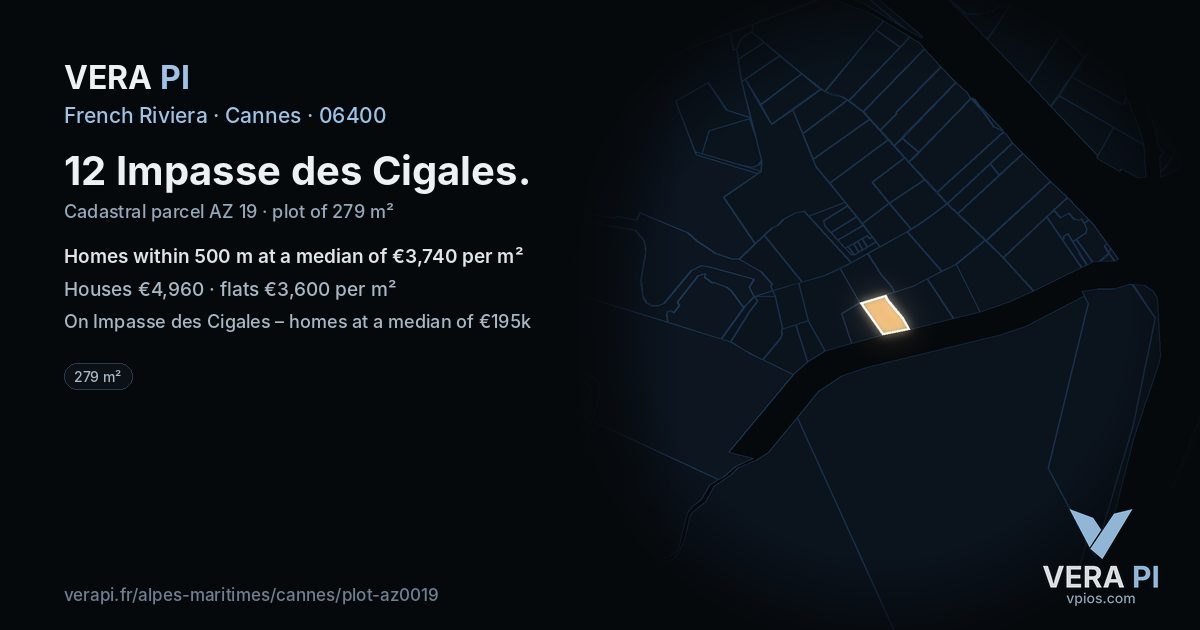 12 Impasse des Cigales, Cannes at night – the plot lit, the parcels around coloured by the prices near them